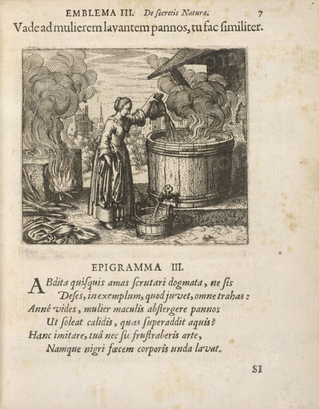 Emblema III: Vade ad mulierem lavantem pannos, tu fac similiter. Michaelis Majeri, Secretioris naturae secretorum scrutinium