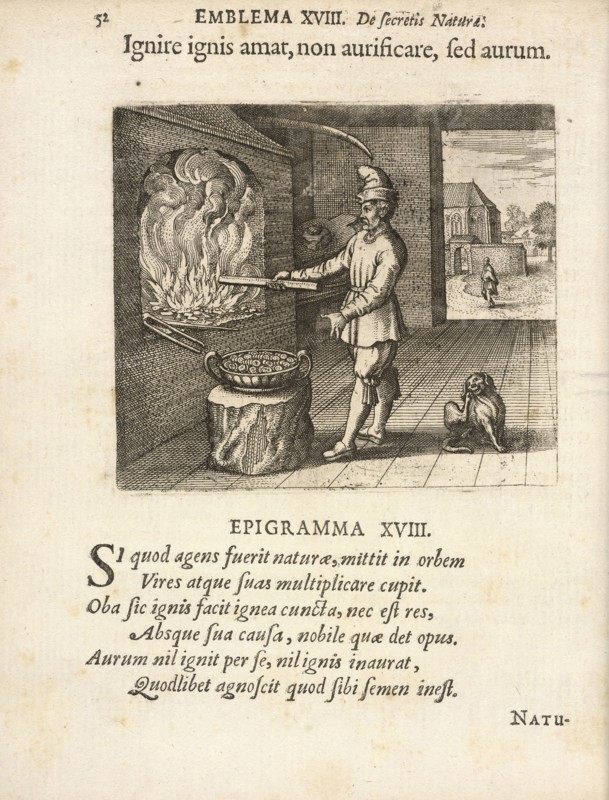 Emblema XVIII: Ignire ignis amat, non aurificare, fed aurum. Michaelis Majeri, Secretioris naturae secretorum scrutinium