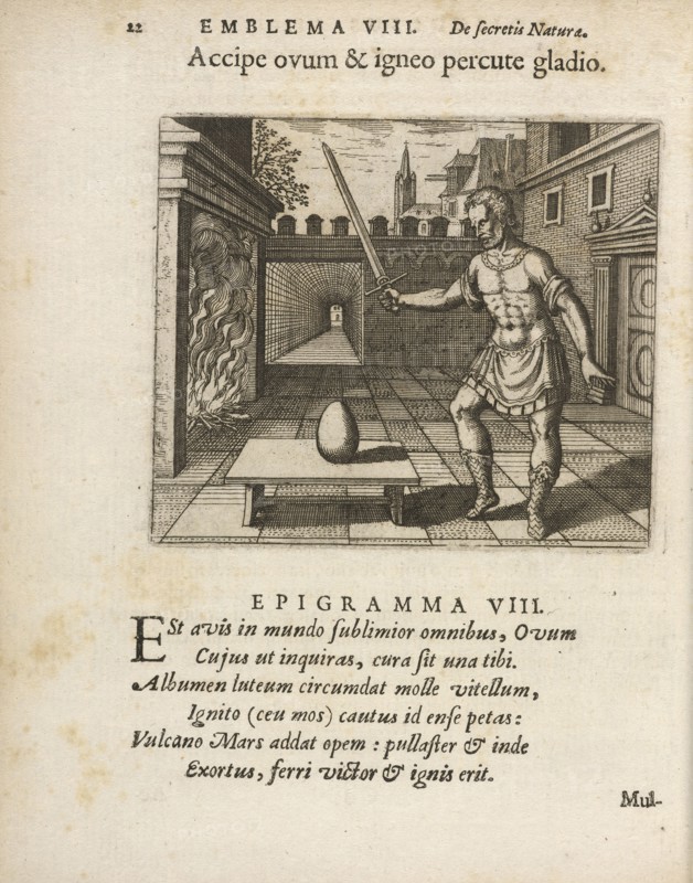 Emblema VIII: Accipe ovum and igneo percute gladio. Michaelis Majeri, Secretioris naturae secretorum scrutinium chymicum
