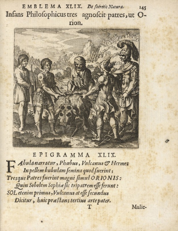 Emblema XLIX: Infans Philosophicus tres agnoscit patres, ut Orion. Michaelis Majeri, Secretioris naturae secretorum scrutinium