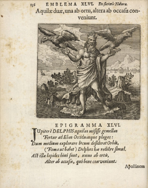 Emblem XLVI: Aquilae duae, una ab ortu, altera ab occasu conveniunt. Michaelis Majeri, Secretioris naturae secretorum scrutinium