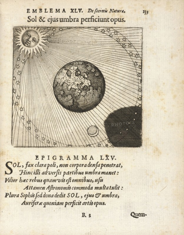Emblema XLV: Sol et ejus umbra perficiunt opus. Michaelis Majeri, Secretioris naturae secretorum scrutinium chymicum: per oculis