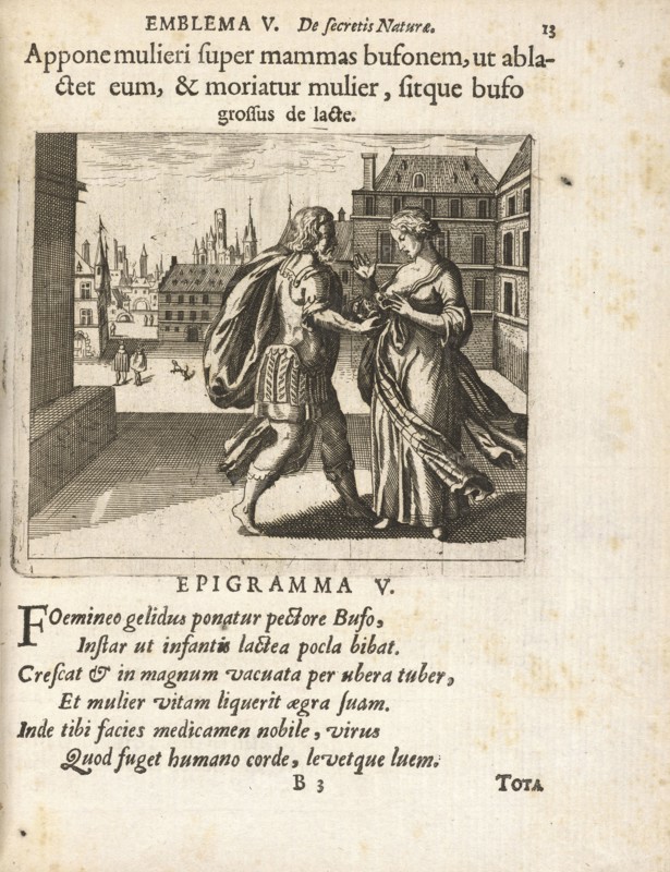 Emblema V: Appone mulieri super mammas bufonem, ut ablactet eum, and moriatur mulier, sitque bufo grossus de lacte., Michaelis