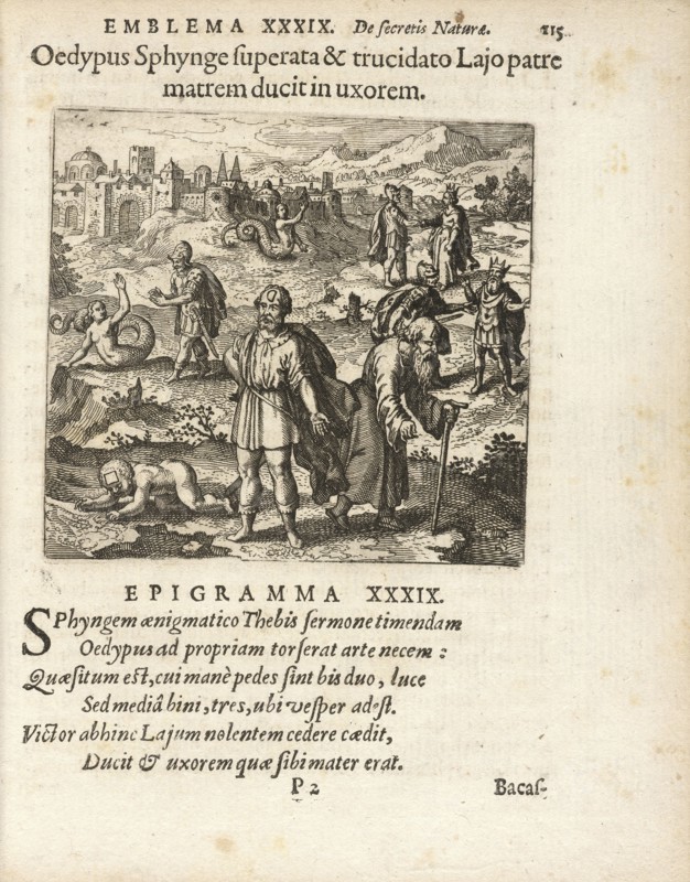 Emblema XXXIX: Oedypus Sphynge superata and trucidato Lajo patre matrem ducit in uxorem. Michaelis Majeri, Secretioris naturae