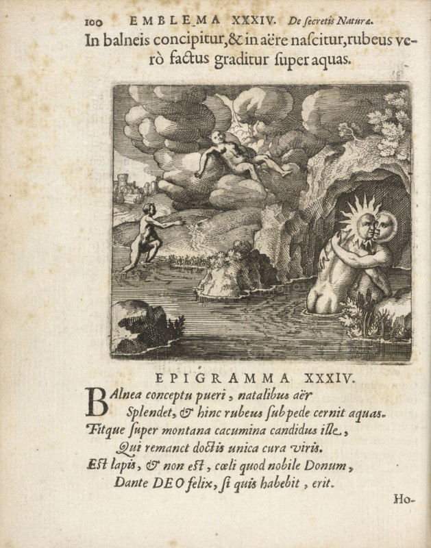 Emblema XXXIV: In balneis concipitur, and in aere nascitur, rubeus vero factus graditur super aquas. Michaelis Majeri