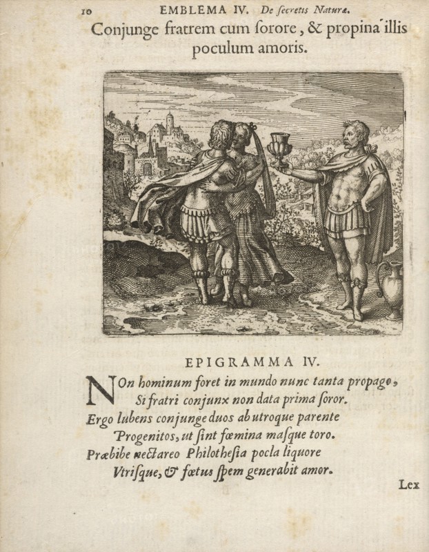Emblema IV: Conjunge fratrem cum sorore, and propina illis poculum amoris. Michaelis Majeri, Secretioris naturae secretorum
