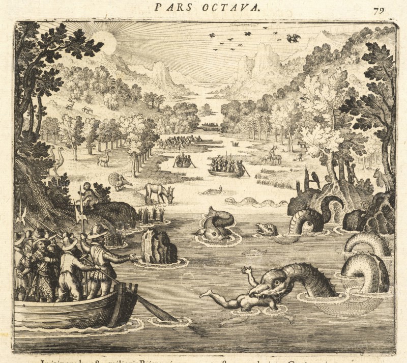 Capitain Gifford travelling in a canoe on the river of Lagartos witnessing a man being devoured by a serpen, Americae pars VIII