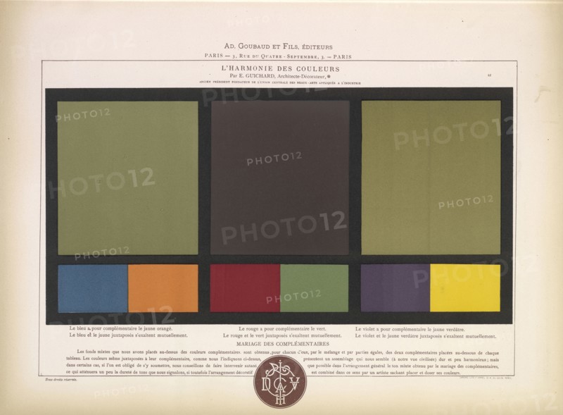 Complimentary colors blue and orange, red and green, purple and yellow, L'harmonie des couleurs, Guichard, Édouard, b. 1815