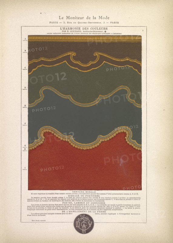Tenture murale, L'harmonie des couleurs, Guichard, Édouard, b. 1815, Paint on paper, 1880, Plate numbered 1 in upper right