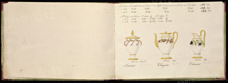 Honoré porcelain sample catalog, Honoré, Firm, 19th century, watercolor, gouache, ink, graphite, ca. 1800-1820, The manuscript