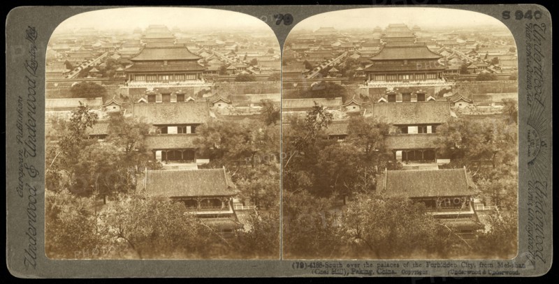 South over the palaces of the Forbidden City, from Mei-shan, Coal Hill, Peking, China, Ricalton, James, Underwood and Underwood