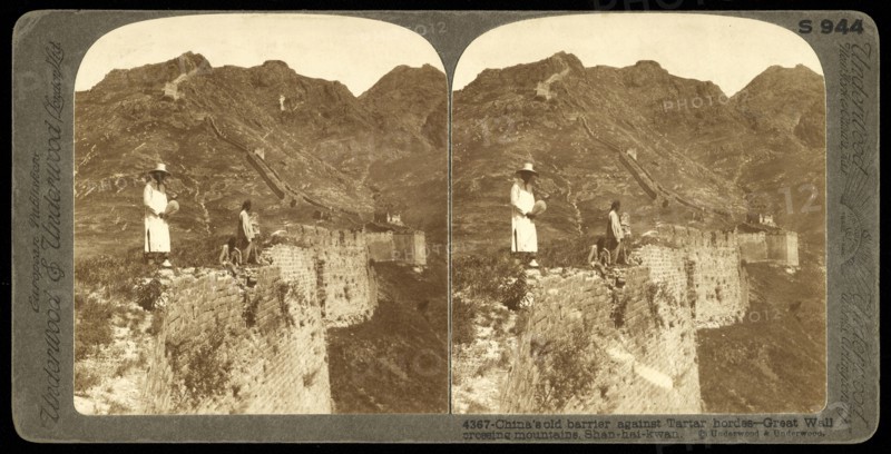 Great Wall crossing mountians, Shan-hai-kwan, China's old barrier against Tartar hordes, Great Wall crossing mountians, Shan-hai