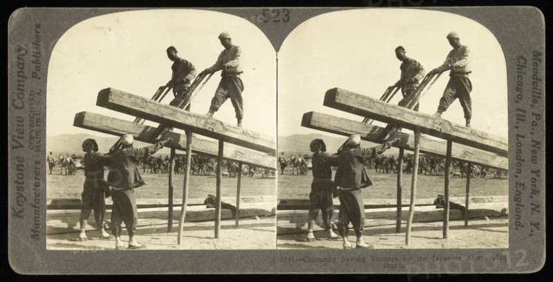 Sawing lumber in Manchuria, Keystone View Company, Gelatin silver, 1904 or 1905, Image taken during the Russo-Japanese war 1904