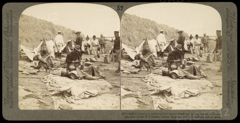 China, Columbia's noble soldier boys- American giving water to Japanese after battle of Tientsin, China, Ricalton, James