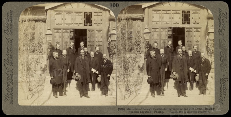 Ministers of foreign powers during negotiations with China- leaving Spanish legation- Pekin, Ricalton, James, Underwood