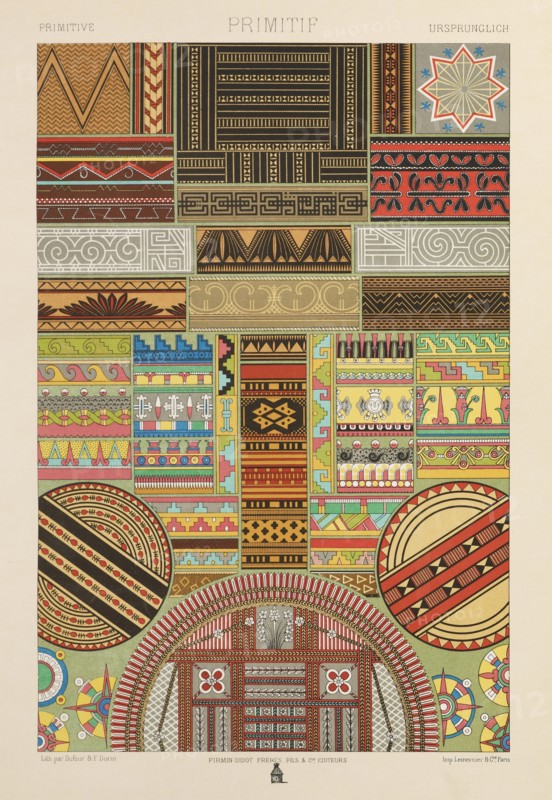 Primitif, L'ornement polychrome, Dufour, Durin, F., Racinet, A., Auguste, 1825-1893, Chromolithography, between 1869 and 1887