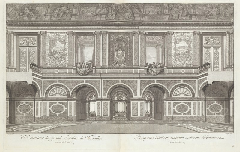 Vuë interieur du grand escalier de Versailles du coté de l'entrée, Grand escalier du Château de Versailles dit Escalier des