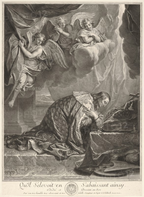 Portrait of Saint Louis, King of France, Edelinck, Gérard, 1640-1707, Le Brun, Charles, 1619-1690, Engraving, black-and-white