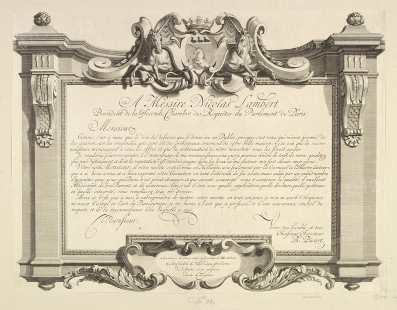 Dedication plate, Apotheosis of Hercules, Picart, Bernard, 1673-1733, 1713-1719, Dedication to Nicolas Lambert, signed by