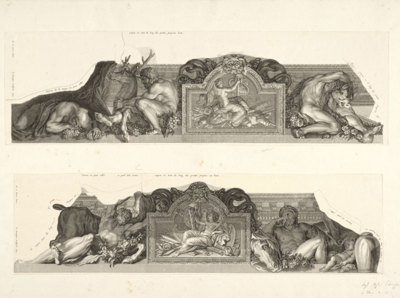 Relief flanked by figures of Hercules with the hind of Ceryneia and the Erymanthean boar, above, Relief flanked by figures