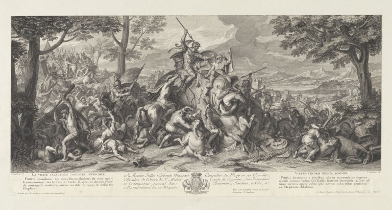 Porus in battle, Battles of Alexander, Audran, Benoît, 1661-1721, Audran, Jean, 1667-1756, Le Brun, Charles, 1619-1690, Etching