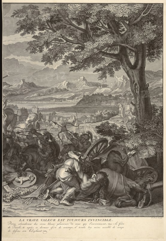 Porus in battle: right sheet, Le Brun, Charles, 1619-1690, Picart, Bernard, 1673-1733, Etching, engraving, black-and-white, 1717