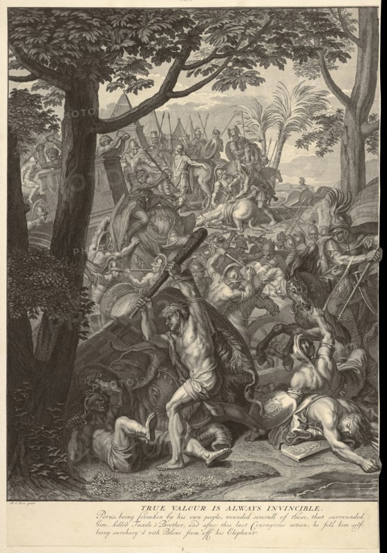 Porus in battle: left sheet, Le Brun, Charles, 1619-1690, Picart, Bernard, 1673-1733, Etching, engraving, black-and-white, 1717