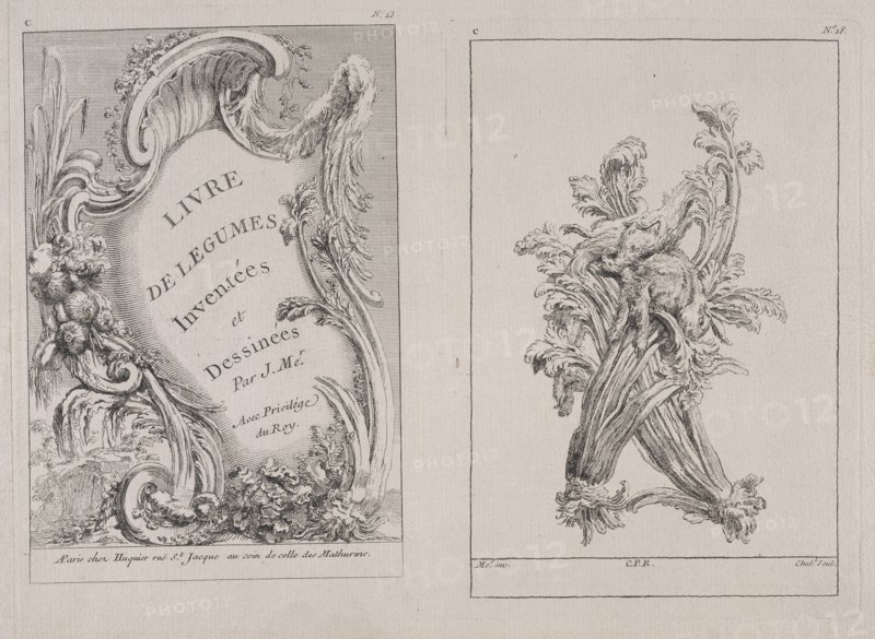 Plates C13 and C18 from the Livre de légumes inventées et dessinées par J. Me.r, Chedel, Pierre Quentin, 1705-1763, Huquier
