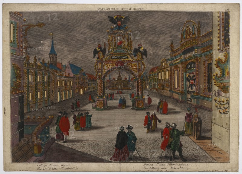 Devise d'une illumination, European vues d'optique, Probst, Georg Balthasar, 1732-1801, Hand-colored etching, between 1766