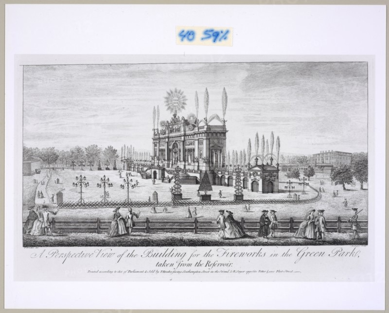 A perspective view of the building for the fireworks in the Green Park, taken from the reservoir, Angier, Paul, Brookes, P