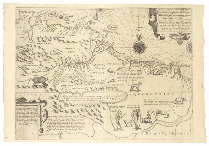Tabula geographica nova omnium oculis exibens et proponens verissimam descriptionem potentissmi et aurisen regni Guiana sub
