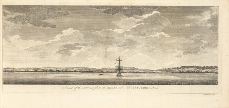A View of the Anchoring Place at Tenian where the Centurion Watered, A voyage round the world, in the years MDCCXL, I, II, III