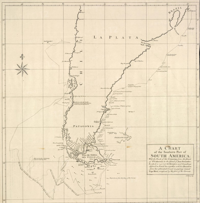 A Chart of the Southern Part of South America, A voyage round the world, in the years MDCCXL, I, II, III, IV by George Anson