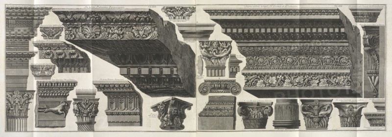 Various entablatures, capitals and ornamental fragments, Ioannis Baptistae Piranesi Antiquariorvm regiae societatis Londiniensis