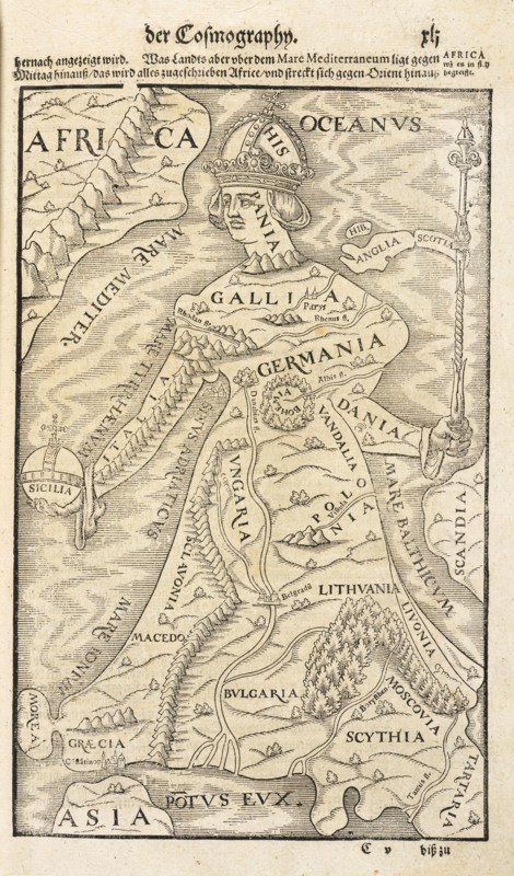 Map showing Germania, with adjacent countries and land masses, Cosmographey: das ist, Beschreibung aller Länder, Herrschafften