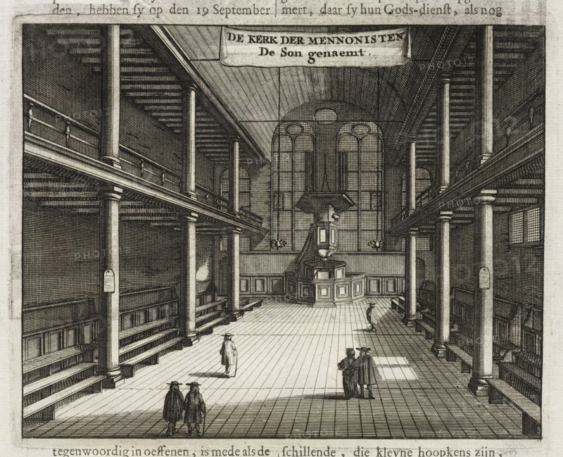 De Kerk der Mennonisten De Son genaemt, Beschryvinge van Amsterdam, Commelin, Casparus, 1636-1693, Engraving, 1694