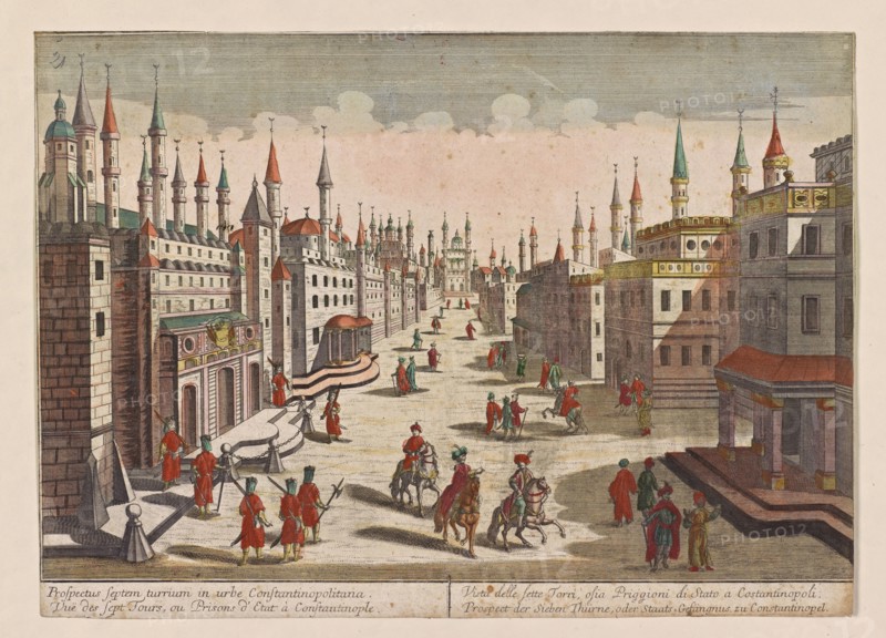 Vuë des sept tours, ou prisons d'etat à Constantinople, Middle Eastern vues d'optique, Unknown, engraving, hand col.