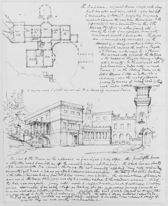 Perspective view and plan of the Deepdene, Surrey, UK, Charles Robert Cockerell sketchbook leaves, Cockerell, C. R.