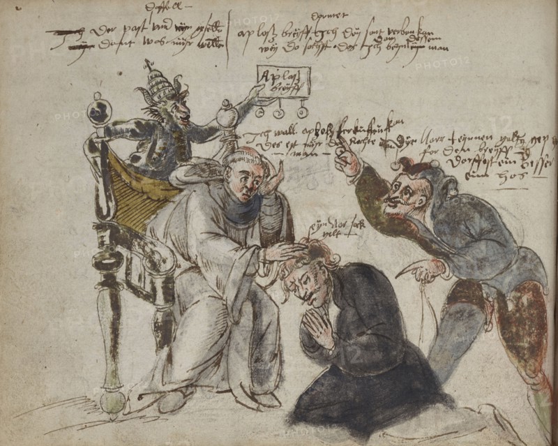 Cartoon mocking Catholic market for indulgences, Handbook with sketches, Hanberg, Hans, 16th century, ca. 1570-1598