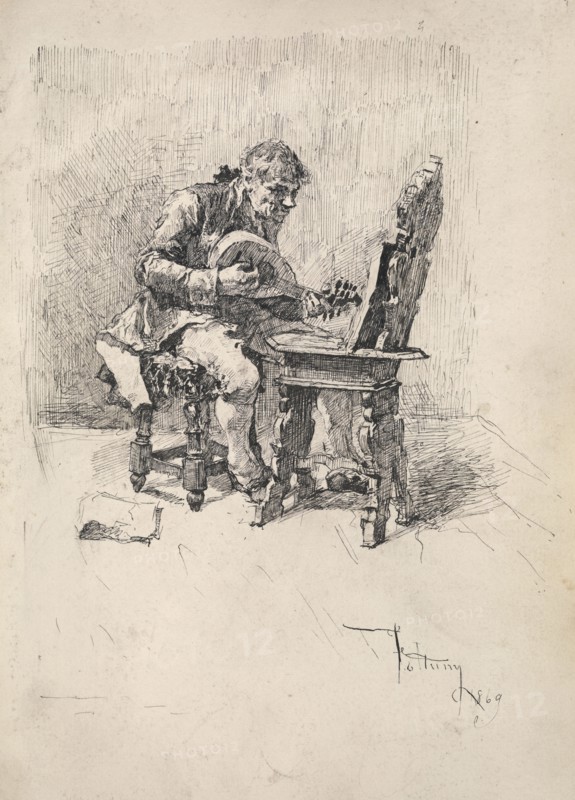 Seated musician, Album of drawings, Fortuny, Mariano, 1838-1874, ca. 1869
