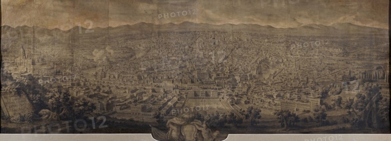 Prospetto di Roma verso ponente, Vasi, Giuseppe, 1710-1782, black chalk and black ink or watercolor on paper, canvas backing