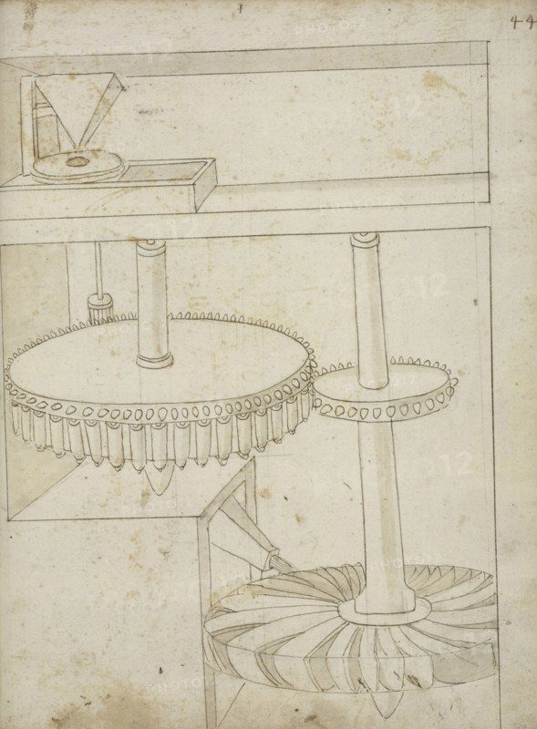 Folio 44 mill powered by horizontal wheel, Edificij et machine MS, Martini, Francesco di Giorgio, 1439-1502, Brown ink and wash