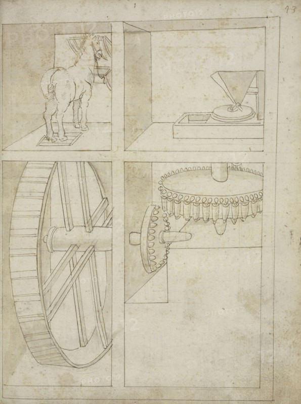 Folio 43 mill powered by horse, Edificij et machine MS, Martini, Francesco di Giorgio, 1439-1502, Brown ink and wash on paper