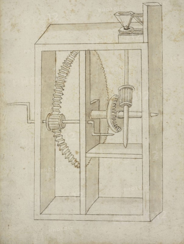 Mill powered by crank, Edificij et machine MS, Martini, Francesco di Giorgio, 1439-1502, Brown ink and wash on paper