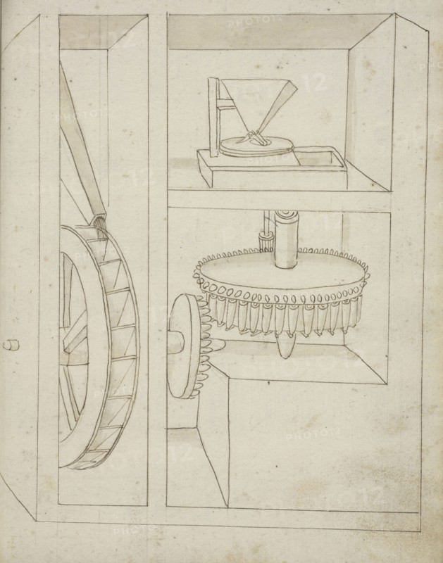 Folio 40 mill with overshot water wheel, Edificij et machine MS, Martini, Francesco di Giorgio, 1439-1502, Brown ink and wash