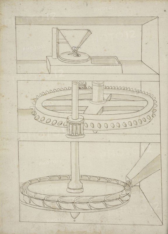 Folio 39 mill with horizontal water wheel, Edificij et machine MS, Martini, Francesco di Giorgio, 1439-1502, Brown ink and wash
