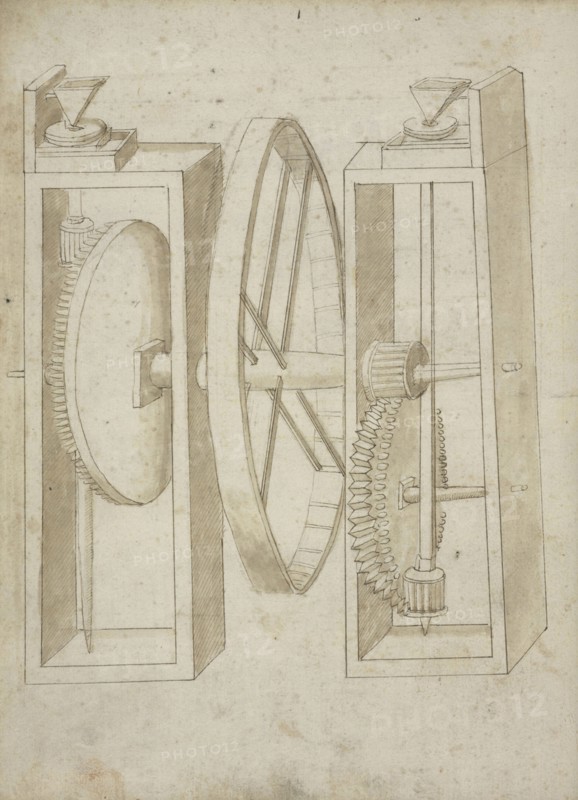 Two mills with wheel between, Edificij et machine MS, Martini, Francesco di Giorgio, 1439-1502, Brown ink and wash on paper