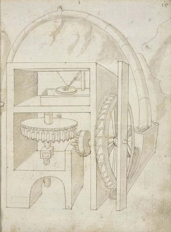 Folio 15 mill, Edificij et machine MS, Martini, Francesco di Giorgio, 1439-1502, Brown ink and wash on paper, between ca. 1475