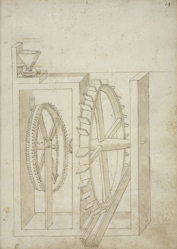Folio 14 mill with undershot water wheel, Edificij et machine MS, Martini, Francesco di Giorgio, 1439-1502, Brown ink and wash