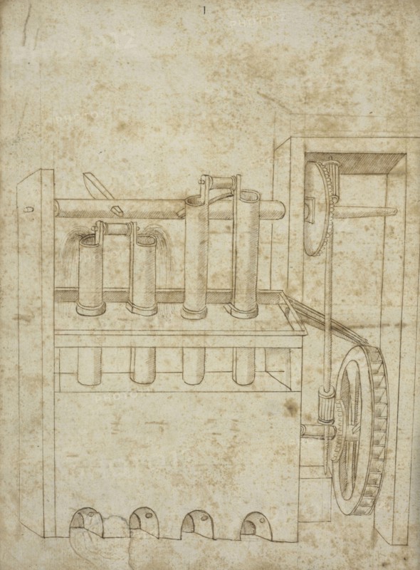 Folio 10 piston pumps and water wheel, Edificij et machine MS, Martini, Francesco di Giorgio, 1439-1502, Brown ink and wash on